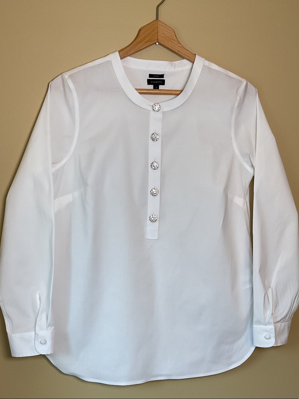 Talbots White Long-Sleeve TunicShirt with Rhinestone Placket Size s